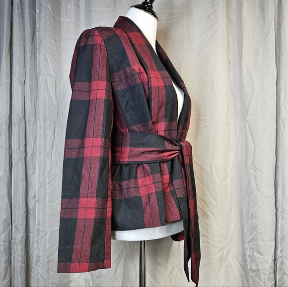 Chadwick's Red Black Buffalo Plaid Versatile Belted Peplum Blazer Jacket - Picture 4 of 11